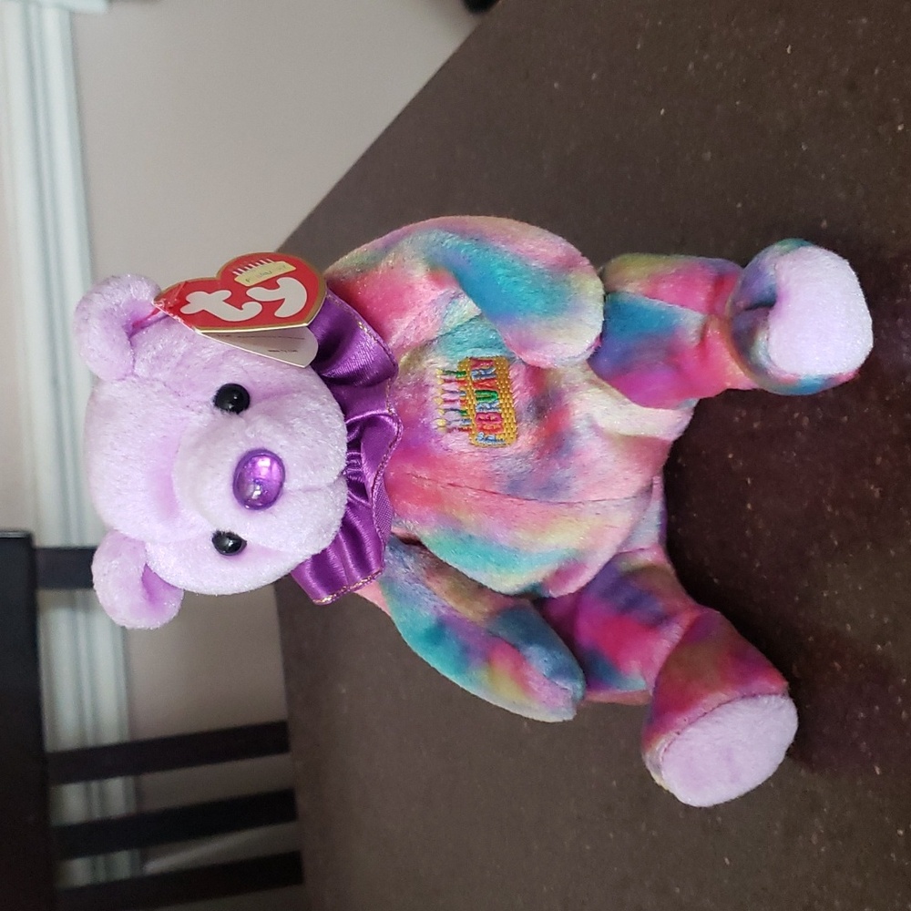 Ty Birthday Beanies Amethyst February Happy Birthday Bear New 7".